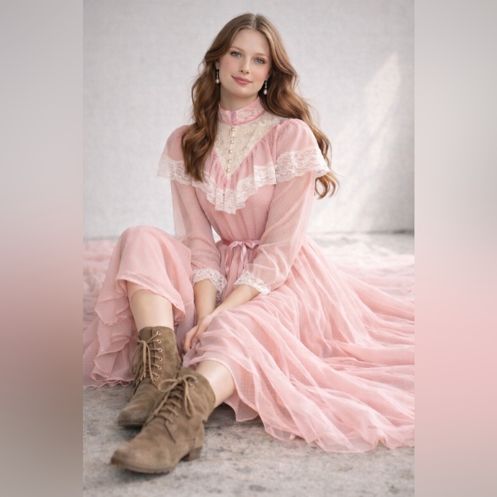 Vintage Pink Swiss Dot Maxi Dress Prairie Cottagecore Romantic S